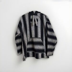 Earth Ragz Hoodie Pullover Black White Drug Rug Hippy Baja Poncho Sz Lg Casual